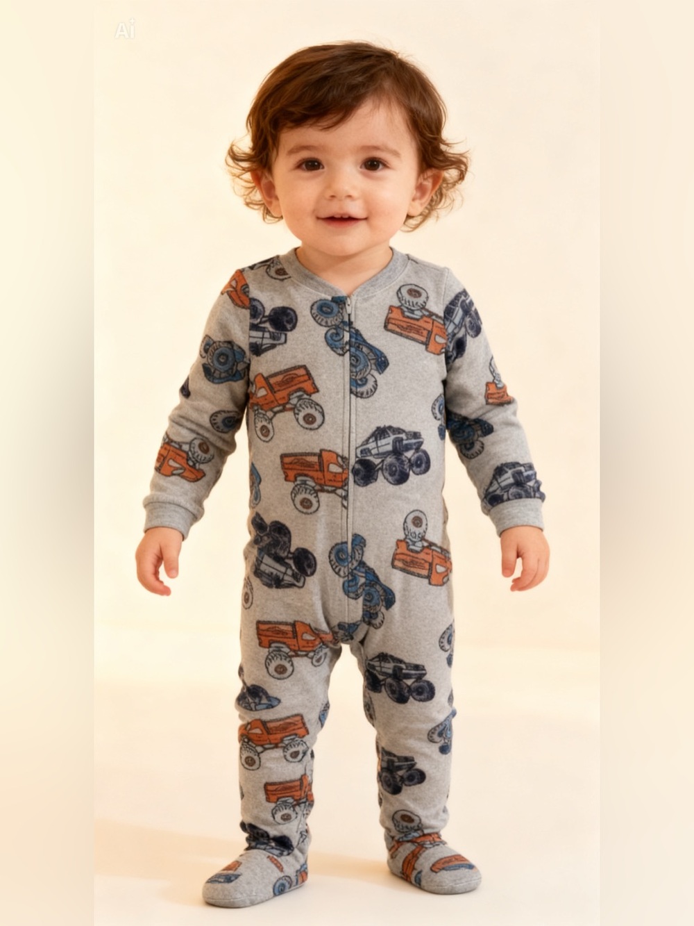 Carter's Gray Fleece Footed Pajamas with Orange and Blue Monster Trucks